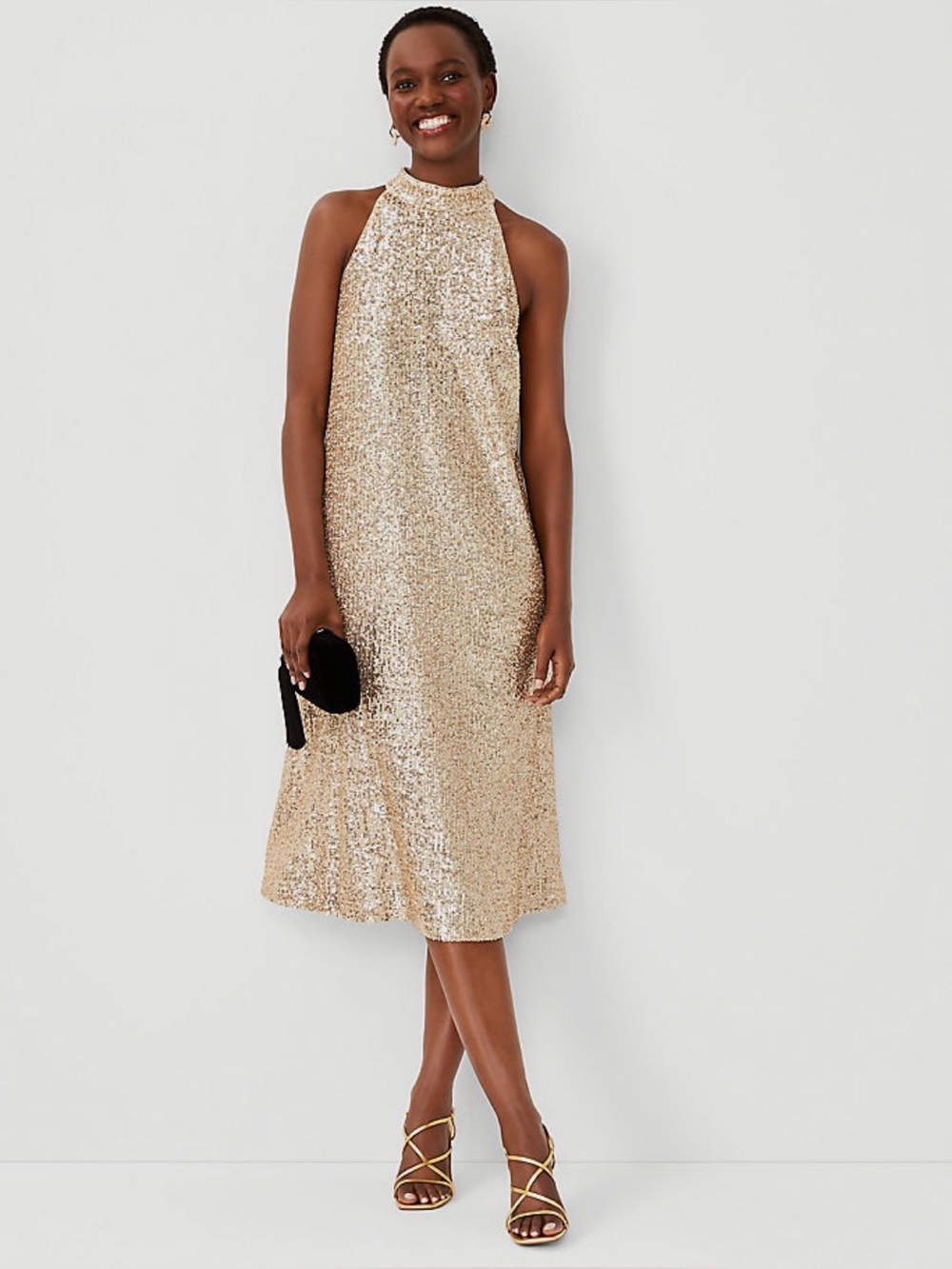 Ann Taylor Gold Sequin Mock Neck Midi Dress